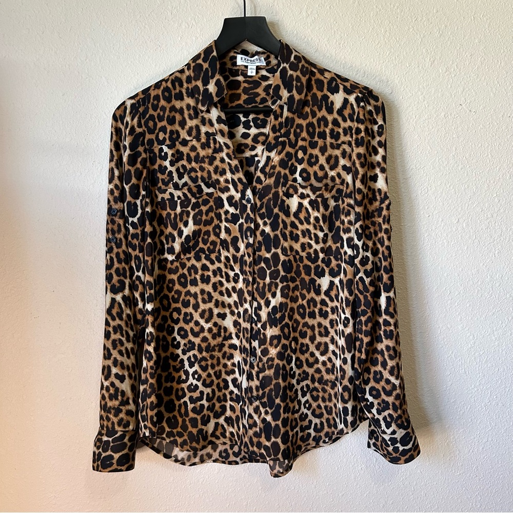 Express Leopard Print Button-Up Blouse - Brown Black Cream